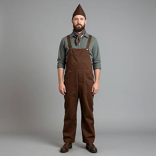 Man in Brown Overalls and Hat with Green Shirt