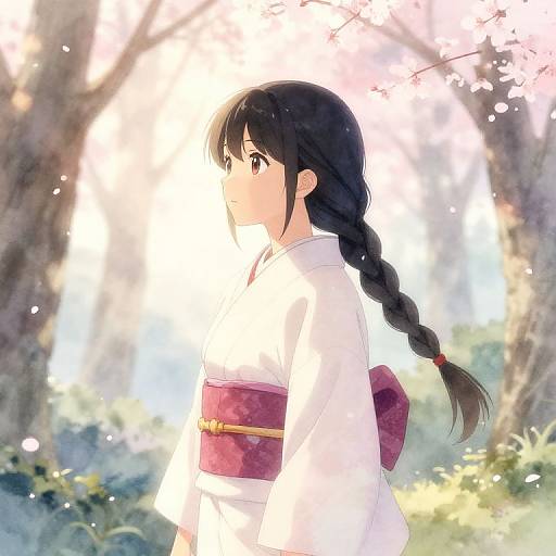 Anime-style digital drawing of a young girl with black braided hair, wearing a white kimono with a red sash, standing in a sunlit
