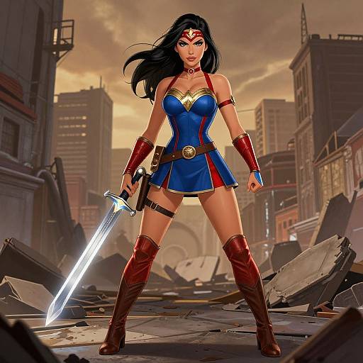 Digital artwork of Wonder Woman standing confidently with a glowing sword in a post-apocalyptic cityscape, wearing a blue and red costume with red boots and arm