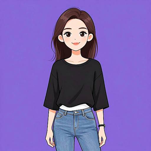 Digital anime-style drawing of a smiling young woman with straight brown hair, wearing a black t-shirt, white undershirt, and blue jeans, against