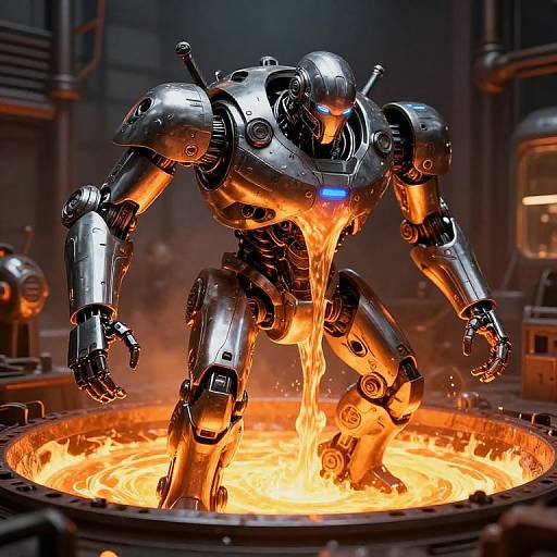 CGI image of a shiny, metallic robot standing in a fiery, molten pool, emitting bright orange flames, in a dimly lit industrial setting