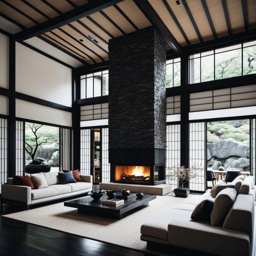 Modern Japanese Living Room with Fireplace