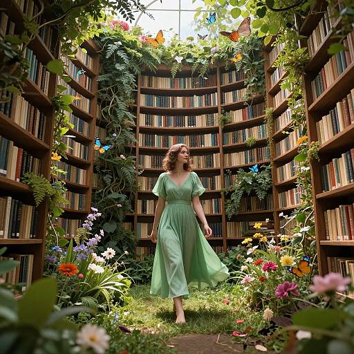 Photograph of a fair-skinned woman in a flowing mint-green dress walking through a sunlit, flower-filled library aisle with tall, wooden booksh