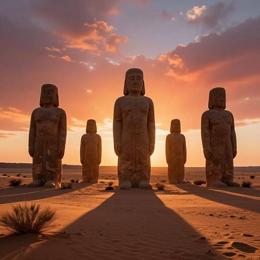Photograph of four Moai statues at Easter Island at sunset, casting long shadows on sandy ground, with a vibrant orange and purple sky.