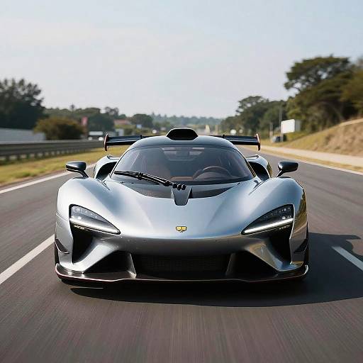 Photograph of a sleek, silver Porsche 918 Spyder racing on a highway, with bright headlights, aerodynamic design, and trees in the background