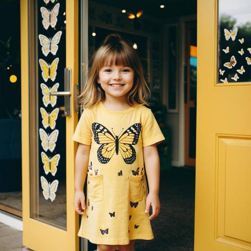 Smiling Toddler Girl in Yellow Butterfly Dress