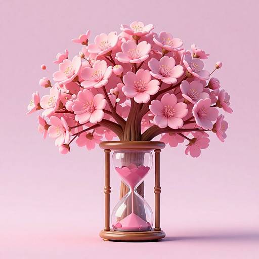 Photograph of a pink cherry blossom bouquet in a glass hourglass vase with a wooden frame, against a pink gradient background.