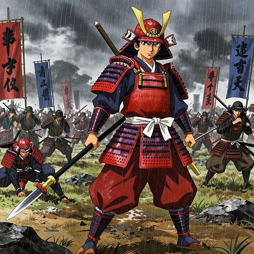 Crimson Spear Samurai in Rain