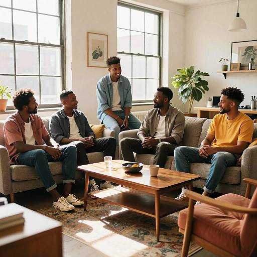 Photograph of five diverse men, casually dressed, seated in a sunlit, modern living room, engaging in conversation around a wooden coffee table.