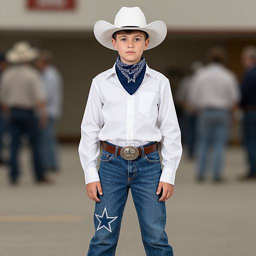 Photograph of a young boy in a white cowboy hat, white shirt, blue jeans with star, and bandana, standing in a blurred outdoor setting