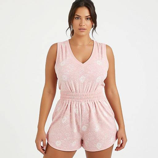 Photograph of a woman with medium brown skin and black hair in a ponytail, wearing a pink, sleeveless, V-neck romper against a