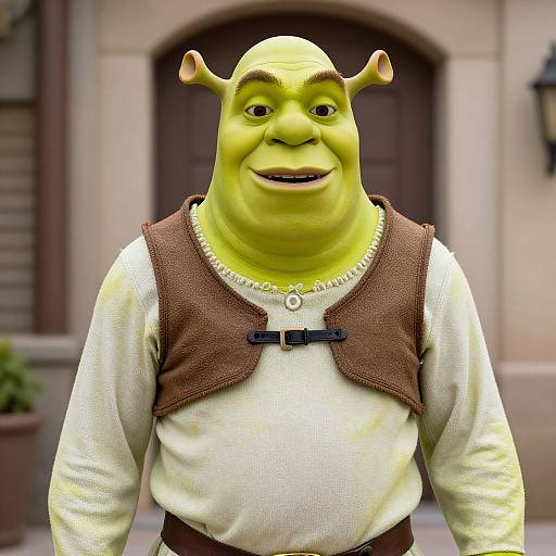 Photograph of a CGI green-skinned, horned, smiling ogre in a brown vest over a white shirt, standing in front of a blurred