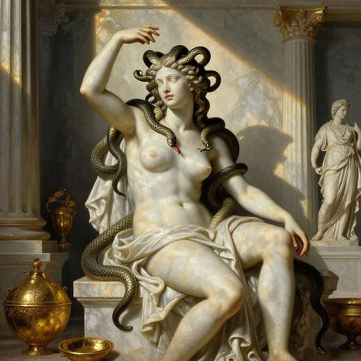 Photograph of a classical marble statue of a topless, snake-entwined woman with curly hair, seated on a throne, illuminated by sunlight