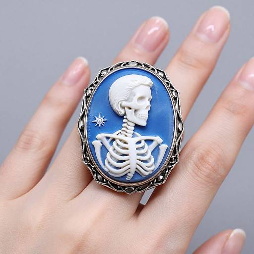 Photograph of a hand wearing a blue oval ring with a white skeletal skull design and star, framed in ornate silver.