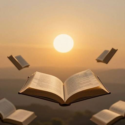 Photograph of open books floating in the air at sunset, with a glowing sun in the orange-hued sky.