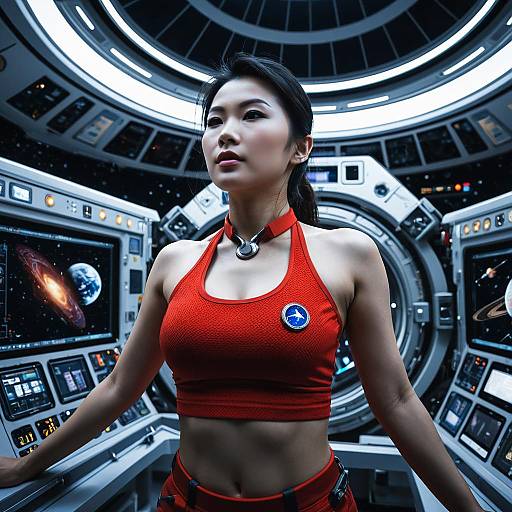 Asian Female Astronaut in Space Station Control Room