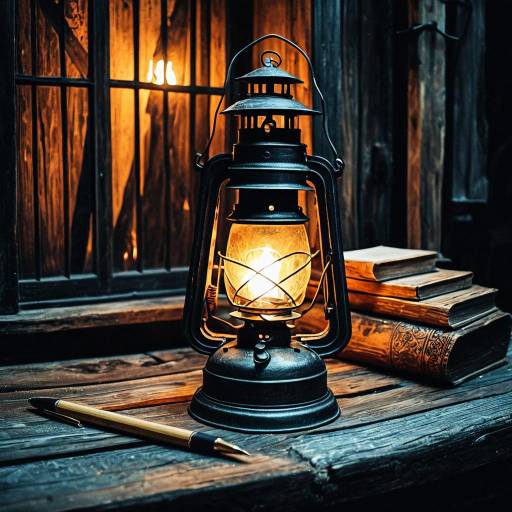 Medieval Lantern on Wooden Table with Books and Pen