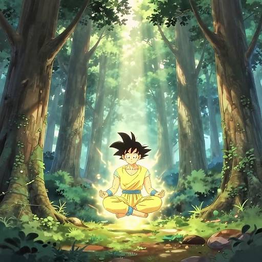 Goku Meditating in Tranquil Forest