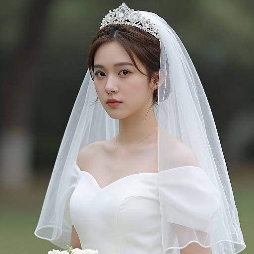 Photograph of an Asian bride with fair skin, wearing a white off-shoulder wedding dress, sheer veil, and silver tiara, standing outdoors