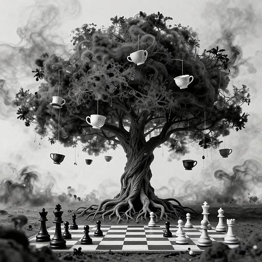 Black-and-white digital art of a surreal tree with floating teacups, surrounded by a chessboard with large pieces. Whimsical, surreal style