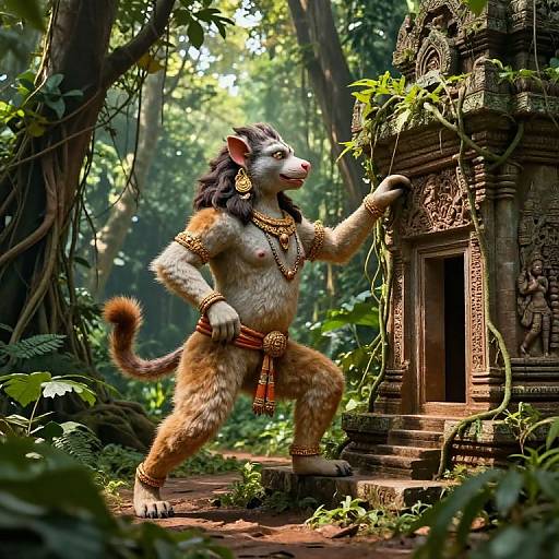 Digital art: Anthropomorphic lion-like creature with brown and white fur, adorned in gold jewelry, standing on one leg, touching ancient, vine-covered stone