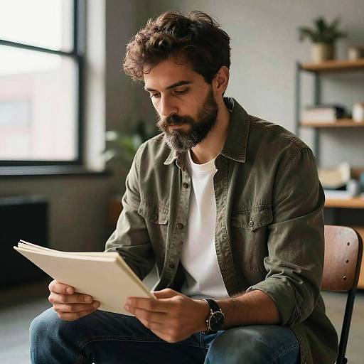 Photograph of a bearded man with curly brown hair, wearing a green shirt and white t-shirt, sitting and reading a document in a sunlit