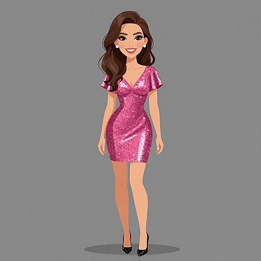Digital illustration of a smiling woman with long brown hair, wearing a shiny pink sequin dress and black high heels, standing against a plain gray background.