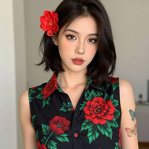 Woman in Floral Shirt with Butterfly Tattoo