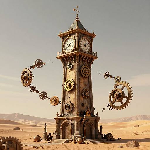 Steampunk clock tower with large gears floating around, set in a sunlit desert with distant mountains. Photorealistic CGI image.
