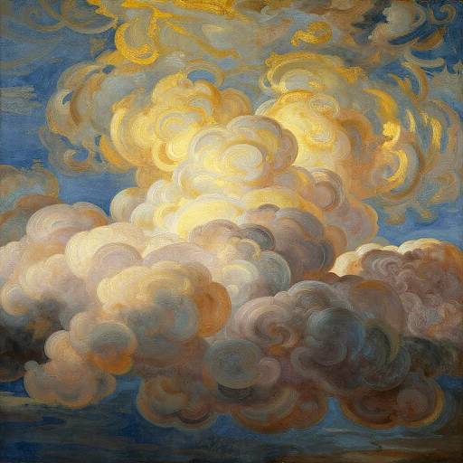Impressionistic oil painting of vibrant, swirling clouds illuminated by a bright, golden sun against a blue sky, capturing dynamic light and movement.