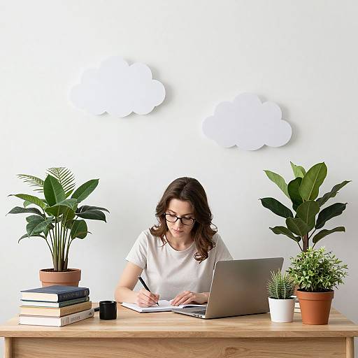 Woman Working at Desk with Plants