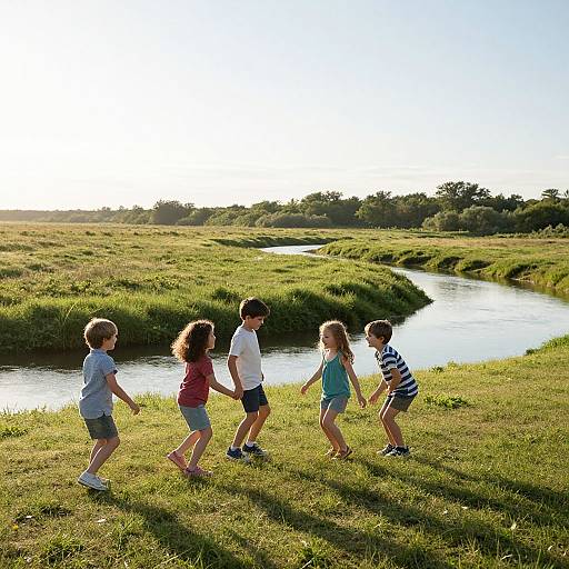 Photograph of five children holding hands, running along a grassy riverbank under a bright blue sky, with lush greenery in the background.