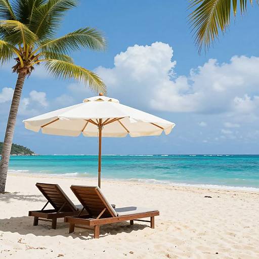 Photograph of a tranquil beach scene: white sand, two wooden lounge chairs under a large white umbrella, turquoise ocean, blue sky with fluffy clouds,