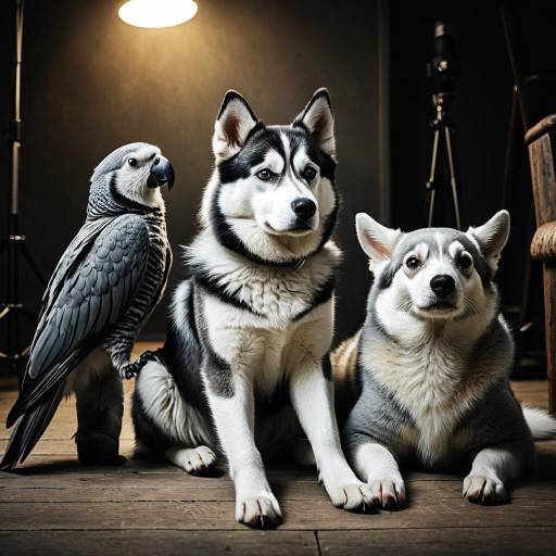 Serene Trio: Husky, Parrot, and Ferret Serene Trio: Husky, Parrot, and Ferret