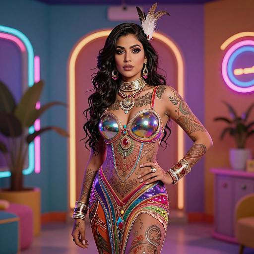 Photograph of a tattooed woman with long black hair, wearing a colorful, mirrored bodysuit adorned with jewelry, feather headpiece, and neon