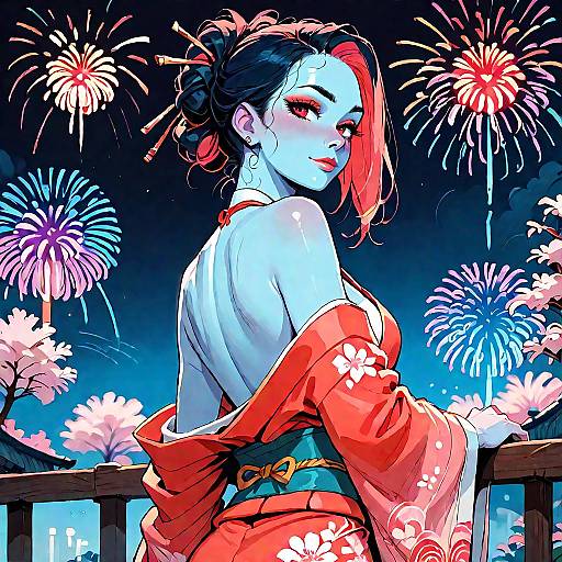 Fireworks Night Kimono Bare Shoulders