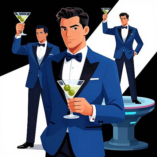 Digital illustration of three stylish men in blue tuxedos holding martini glasses, standing against a black and white diagonal background.