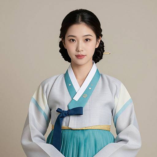 Photograph of an East Asian woman with fair skin, black hair in braids, wearing a traditional Korean white and blue hanbok with gold accents