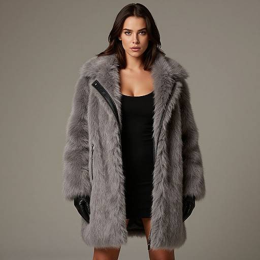 Photograph of a woman with dark hair, wearing a gray fur coat over a black dress, standing against a gray background.