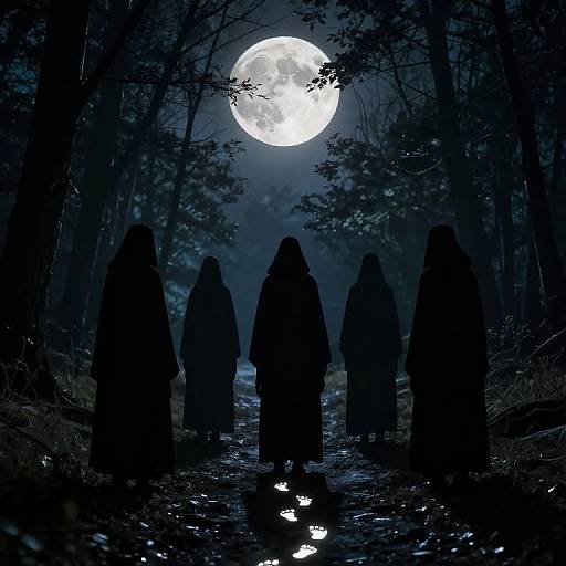 Silhouetted hooded figures walk down a dark forest path under a bright full moon, creating a mysterious, eerie nighttime scene. Digital artwork.