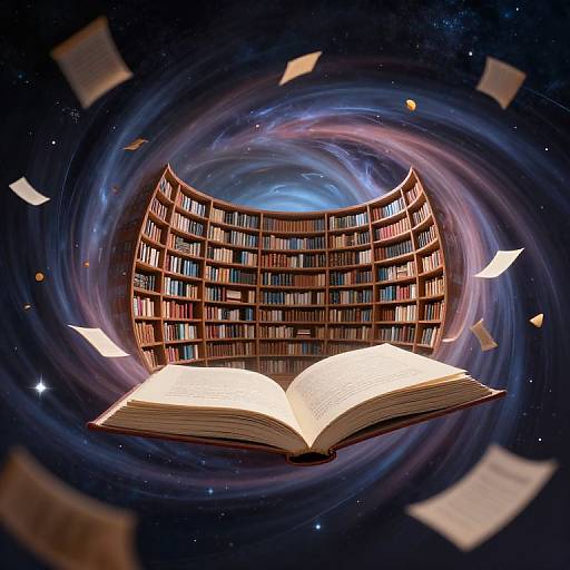 Digital artwork: Open glowing book at center, surrounded by swirling cosmic space, floating pages, and curved library shelves filled with books.