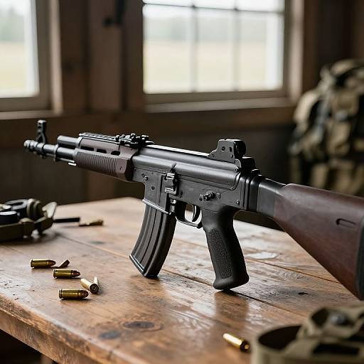 AKM Assault Rifle on Rustic Table