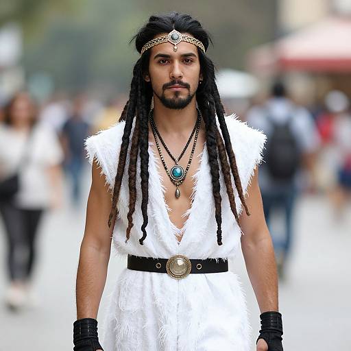 Photograph of a tall, handsome man with dark skin, long dreadlocks, wearing a white furry vest, black wristbands, and headpiece,