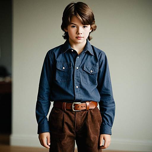 Young Boy Wearing Blue Shirt and Brown Pants
