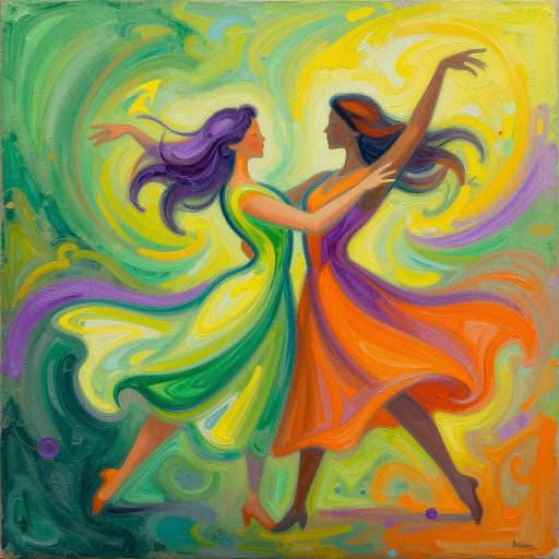 Vibrant oil painting of two dancing women with flowing purple and orange dresses, surrounded by swirling green, yellow, and blue hues. Artist: Anne