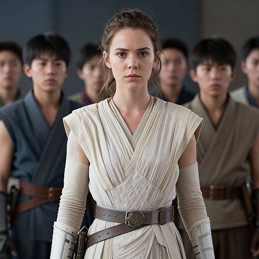 Photograph of a serious young woman in a white, Jedi-style robe with brown belt, and white arm wraps, standing in front of a row of