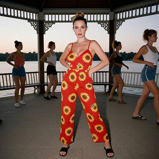 Woman in Red Jumpsuit Dancing Evening