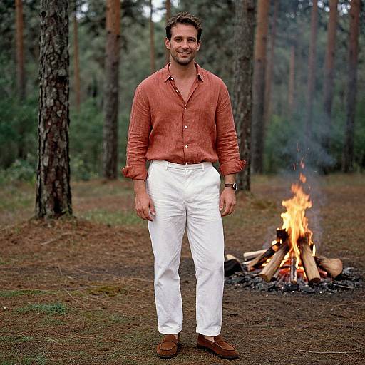 Photograph of a smiling man with short brown hair, wearing a red button-up shirt, white pants, and brown shoes, standing in front of a