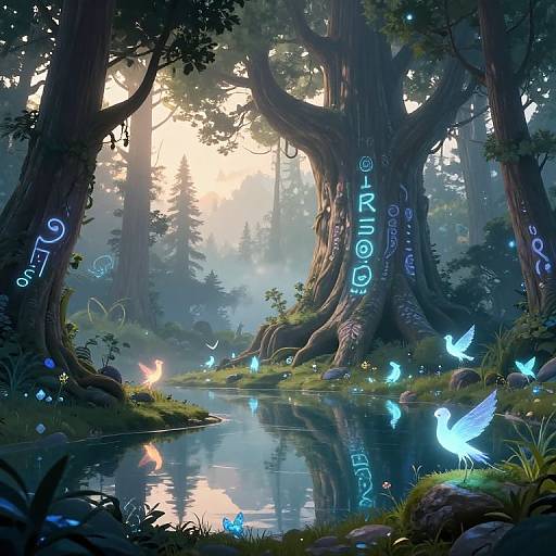 Digital fantasy forest scene with glowing blue butterflies, luminescent tree markings, and a reflective stream surrounded by tall trees.