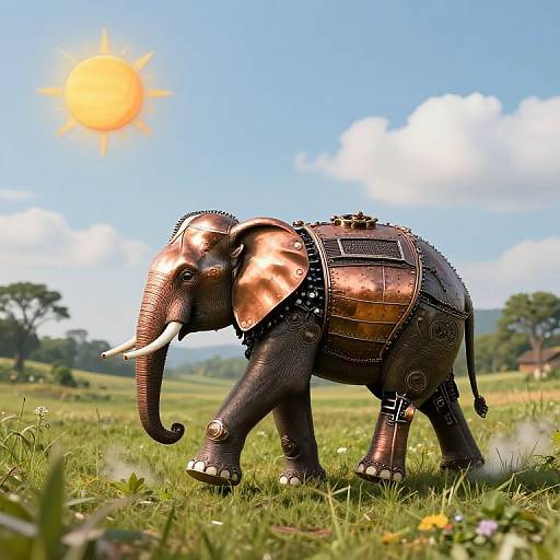 Photograph of a bronze, armor-clad elephant with white tusks standing in a sunlit, grassy meadow under a bright blue sky with